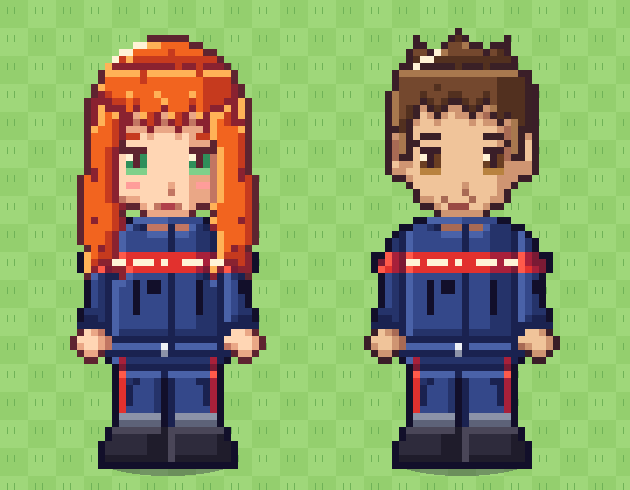 Deux agents sapeurs-pompiers en pixel art, en veste F1 marine à bande rouge