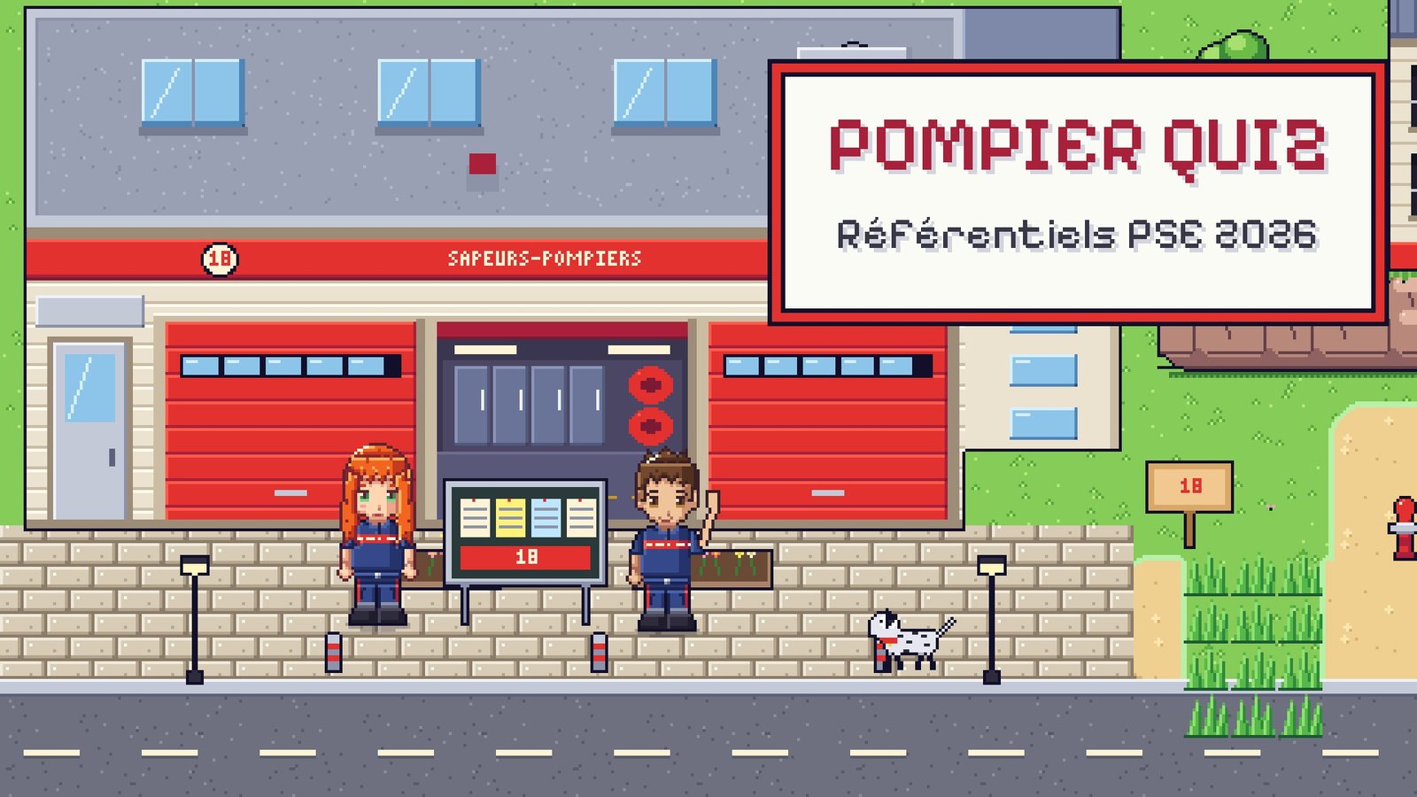 Caserne de sapeurs-pompiers en pixel art, avec deux agents et un dalmatien devant les portes rouges